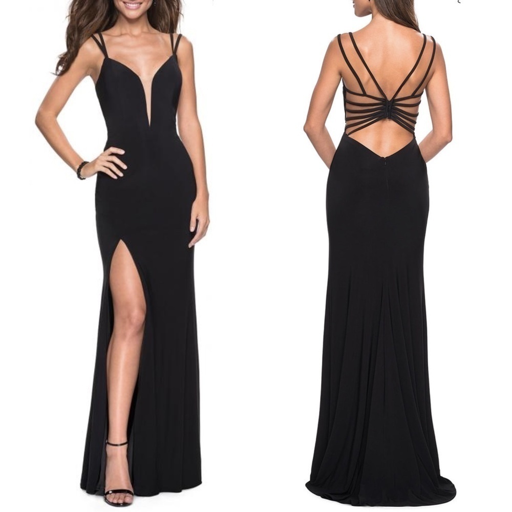 NEW La Femme 27072 Illusion Mesh Inset Plunging V Neckline Strappy Back …